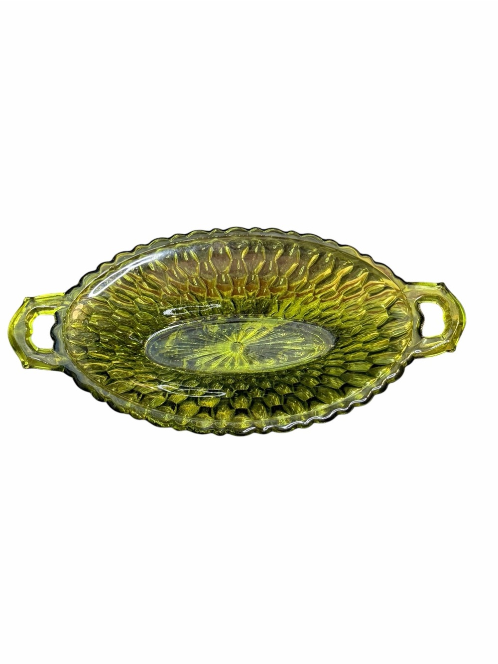 Vintage Indiana Glass Avocado Green Honeycomb Oval Pickle Dish Handles